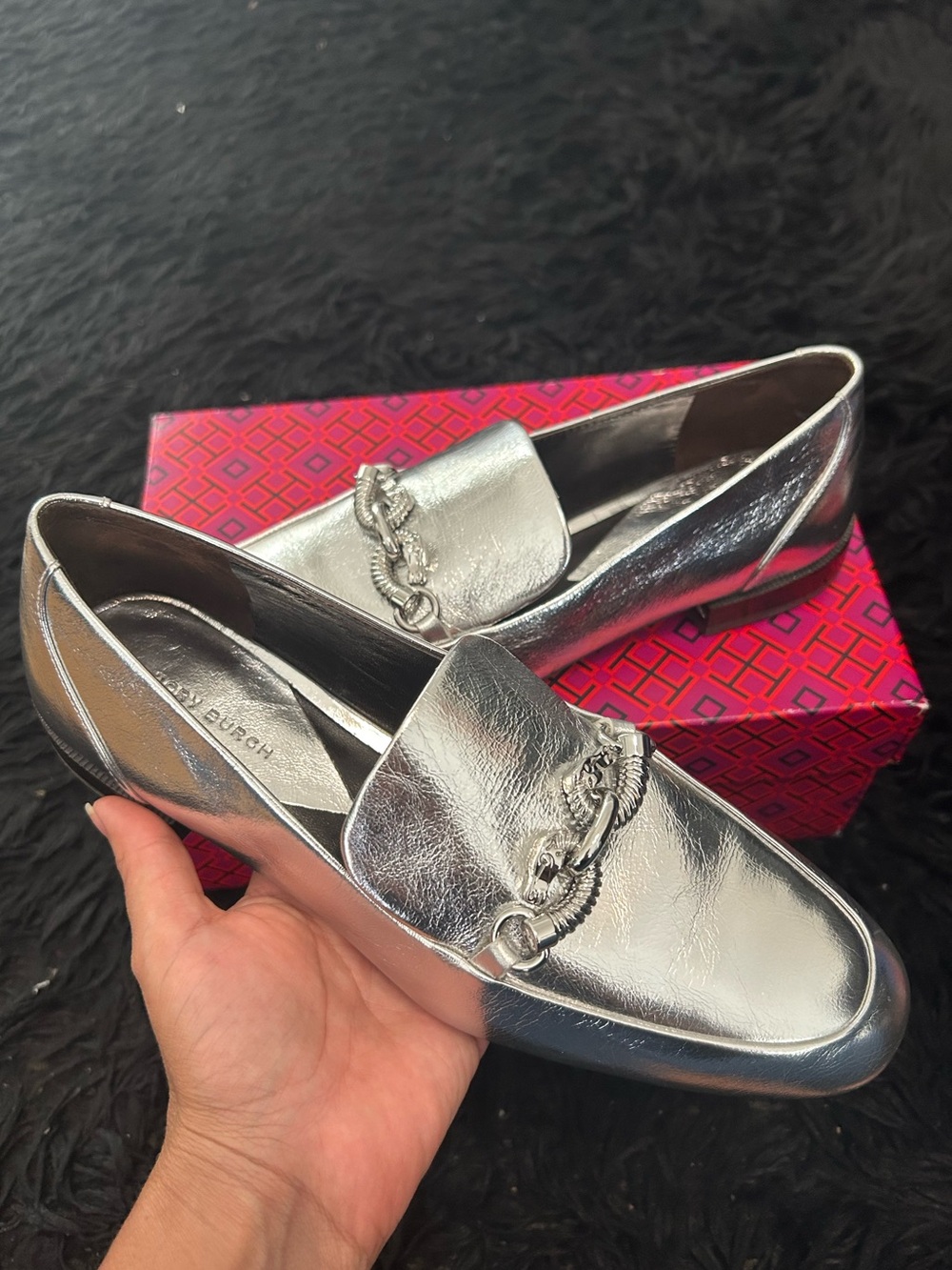 TORY BURCH TB silver metallic loafers slip on shoes women’s 7 new in box